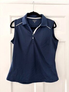 Pebble Beach Women's Navy Sleeveless Golf Polo Top White Piping Size L